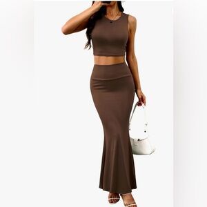 Brown Crop Tank and Maxi Skirt Set